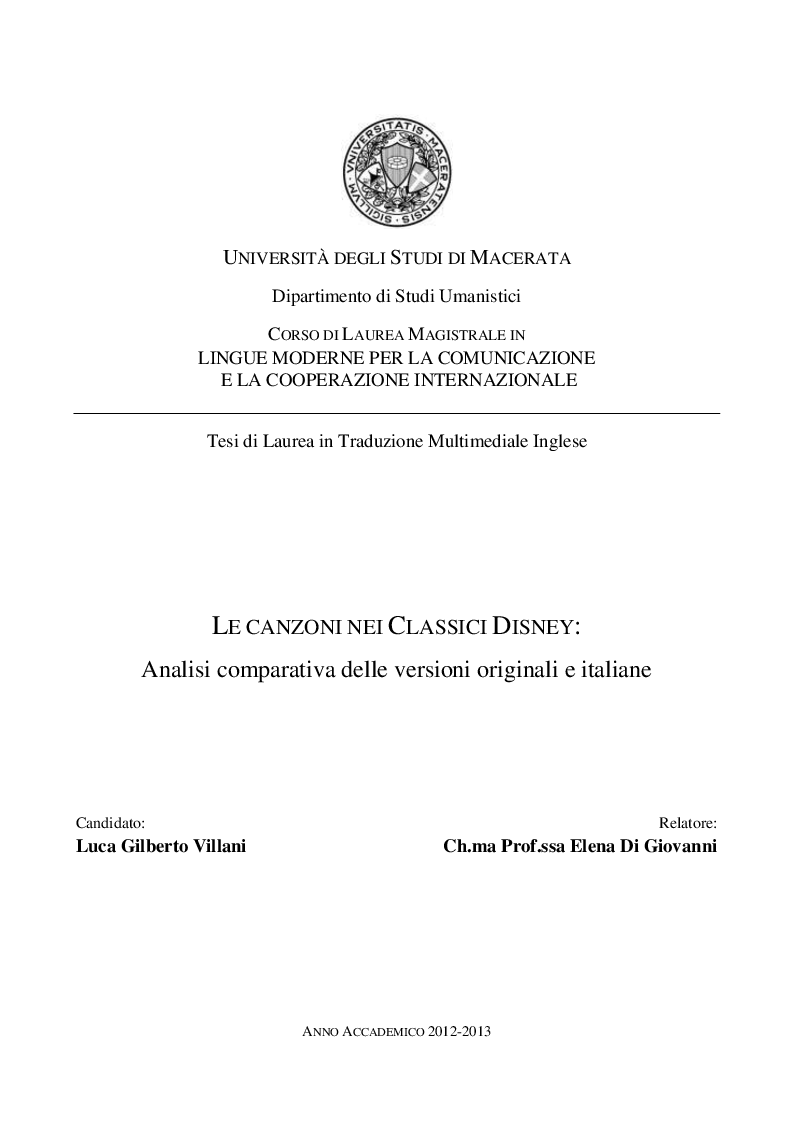 Universita Degli Studi Di Macerata Dipartimento Di Studi Umanistici Corso Di Laurea Magistrale In Lingue Moderne Per La Comunicazione E La Cooperazione Internazionale Tesi Di Laurea In Traduzione Multimediale Inglese Le Canzoni